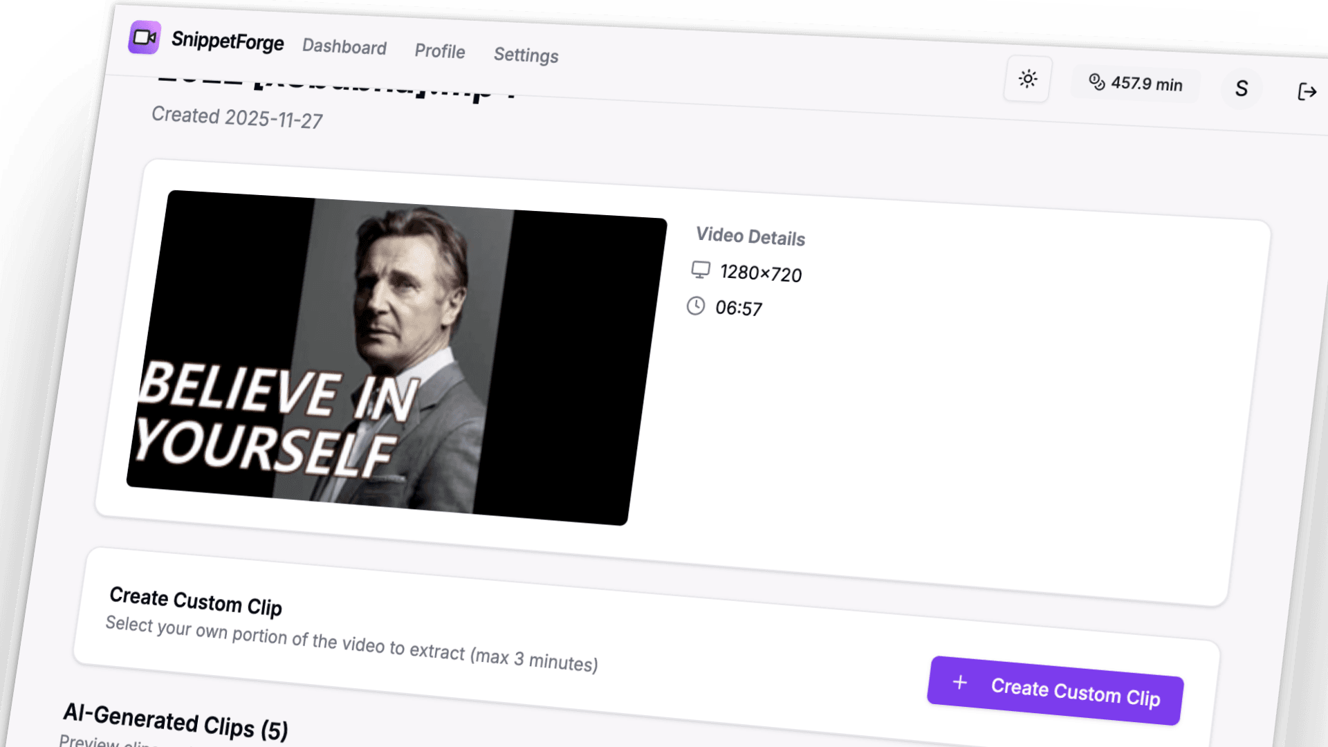 SnippetForge video editor interface showing AI-generated captions with word-level timing and multiple caption styles